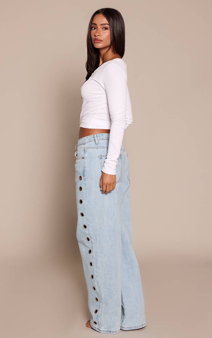 Light Blue Wash Jean Large Petite Bleu Clair Avec Détails Œillets