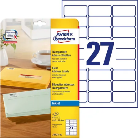 Avery Zweckform J4721-25 Adress-Etiketten,A4 63,5 x 29,6 mm, 25 Bogen/675 Etiketten, transparent