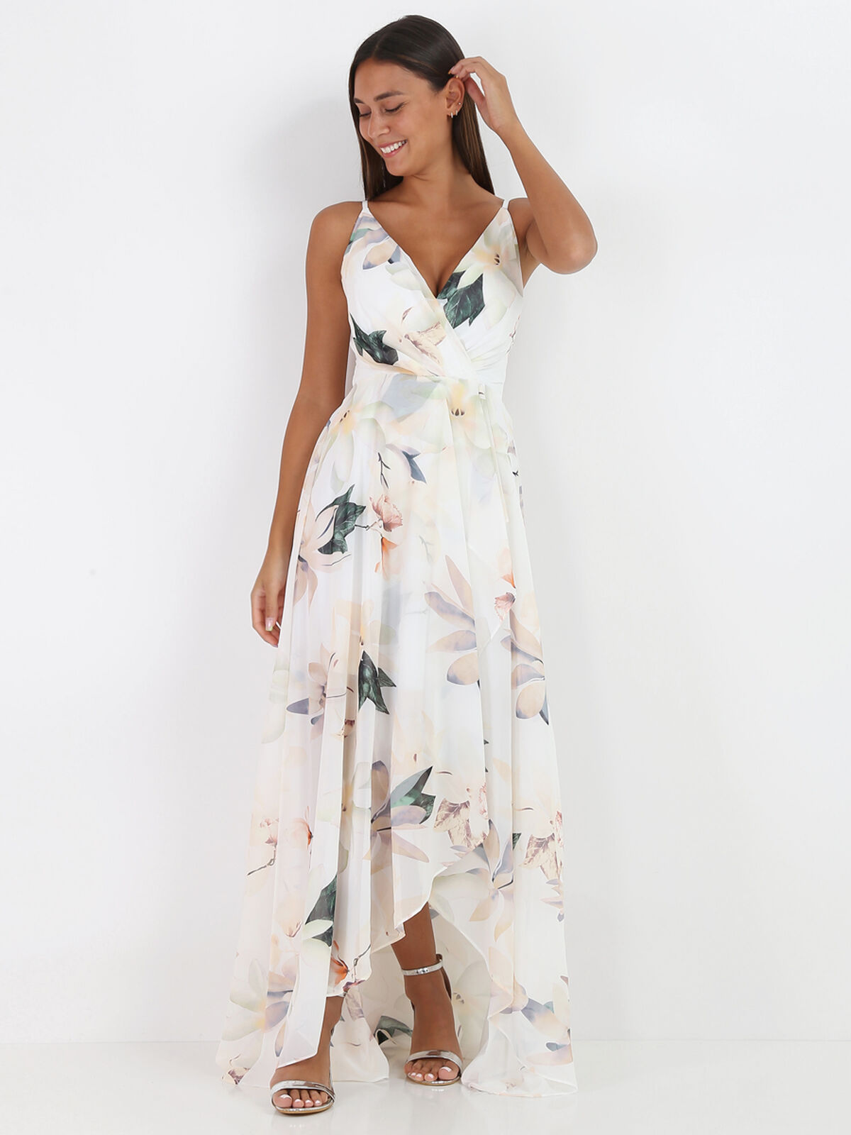 Robe longue fendue asymétrique à fleurs- Blanc