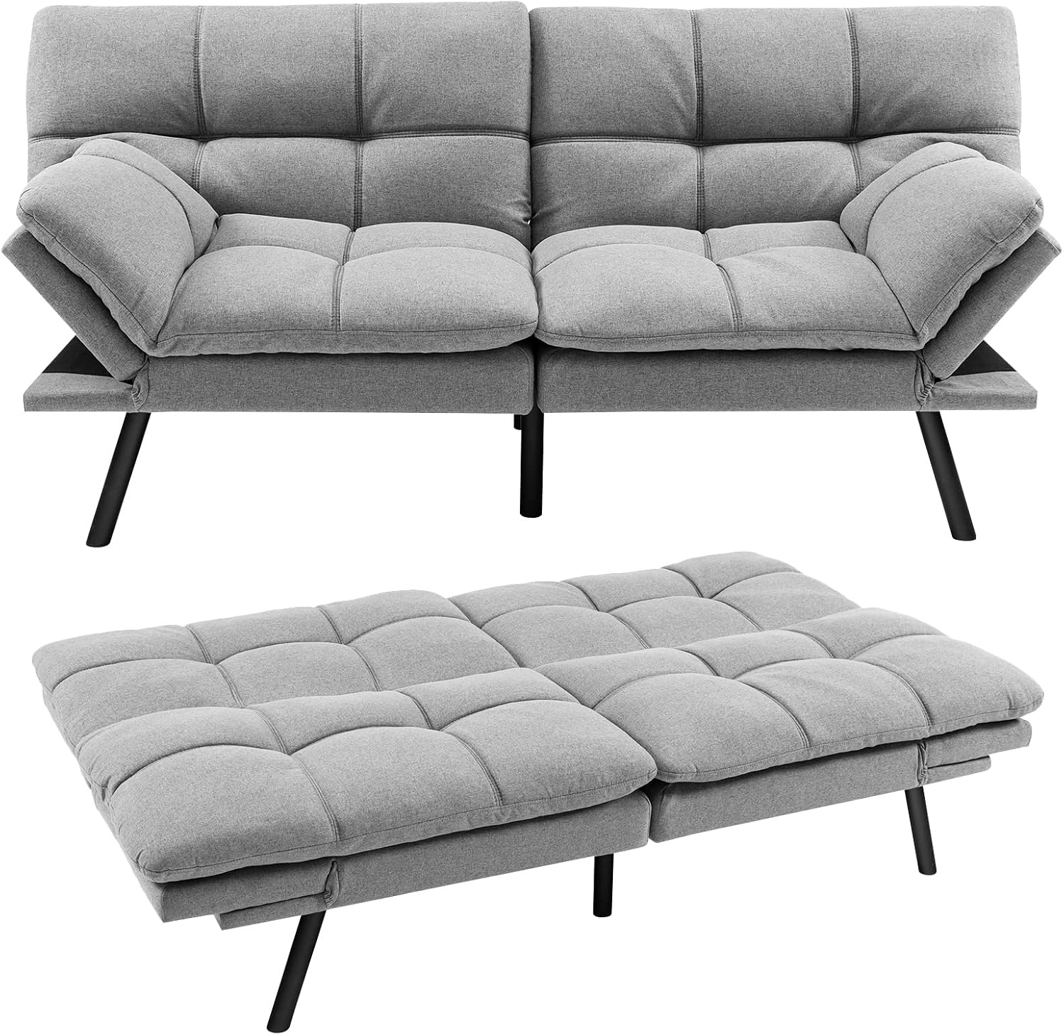 GOPLUS Couch Schlafsofa, Klappsofa mit Schlaffunktion, 2 Sitzer Sofa mit Verstellbarer Armlehnen, Rückenlehne neigbar 105°/145°/180°, Liegefläche 182 x 106,5 cm, Sofabett für Wohnzimmer (Grau)
