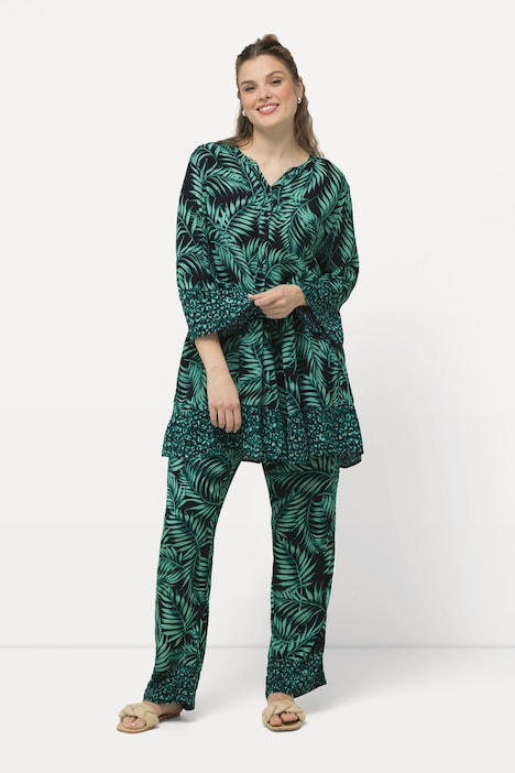 Longbluse, Palmen, A-Linie, Tunika-Ausschnitt, Halbarm