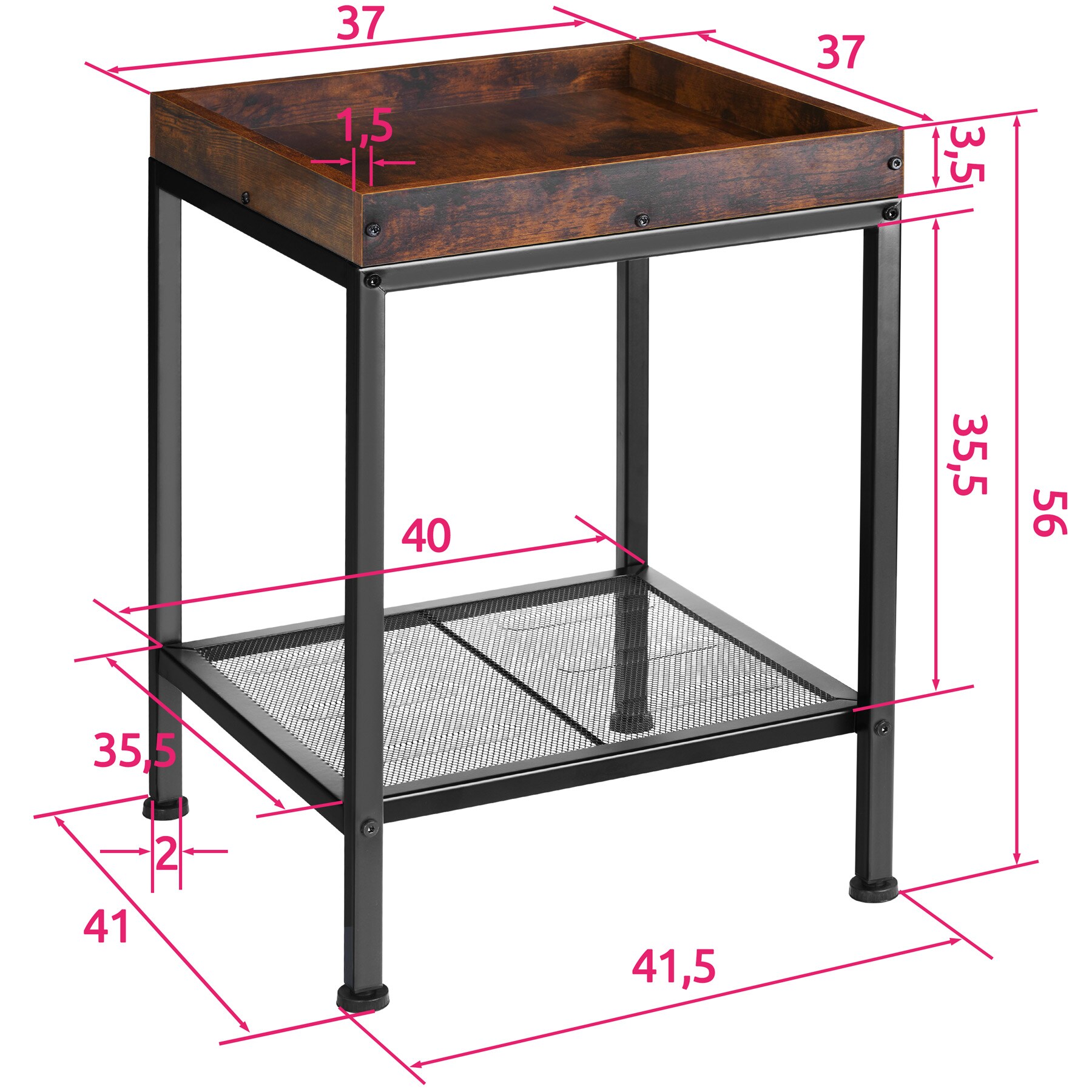 tectake® Beistelltisch, Industrial Style, mit Ablage in Tablettform und Gitterablage, 41,5 x 41 x 56 cm