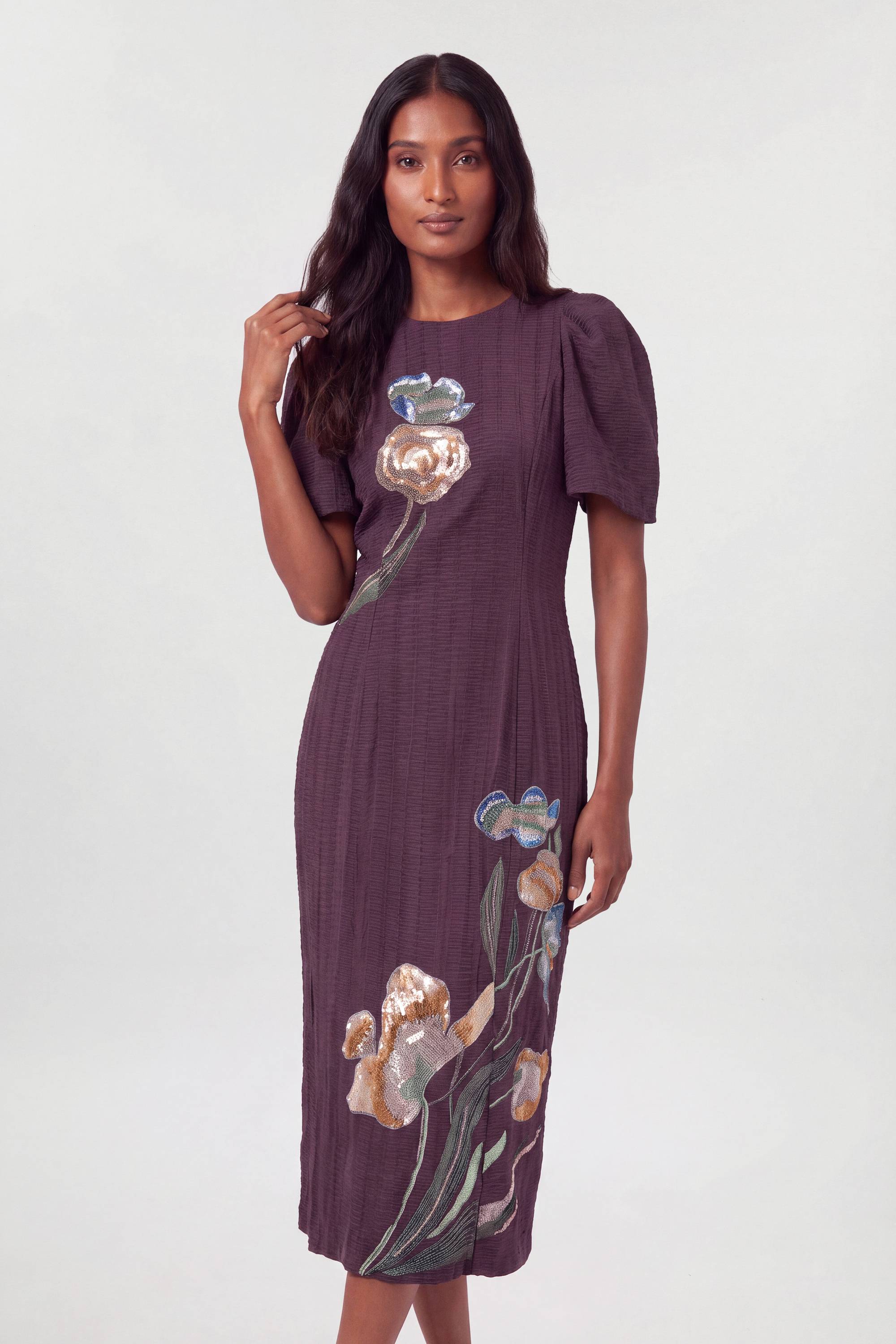 KarenMillen Robe Midi Droite À Manches Bouffantes Ornée À La Main