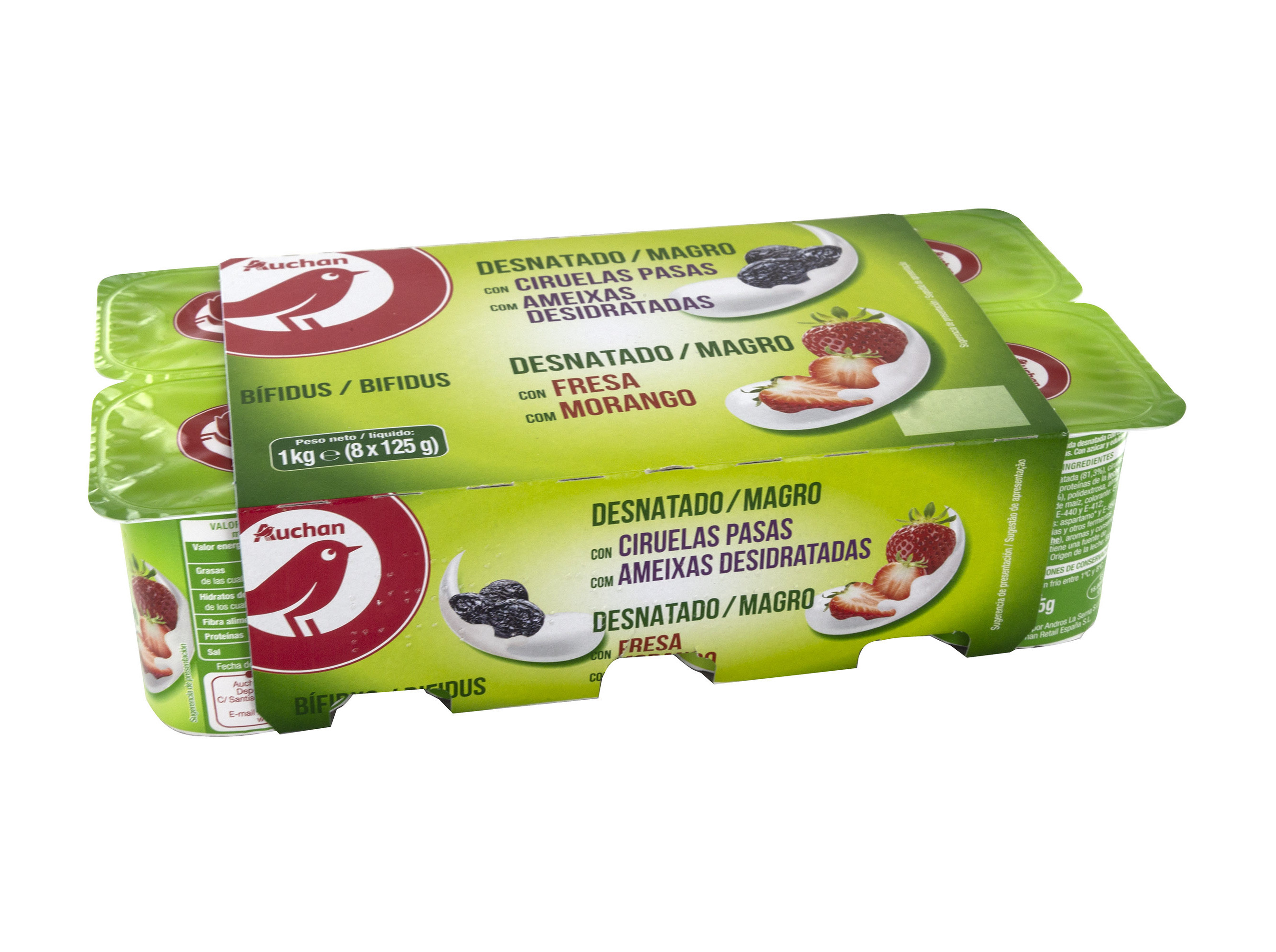 BÍFIDUS AUCHAN PEDAÇOS MAGRO MORANGO E AMEIXAS 8X125G