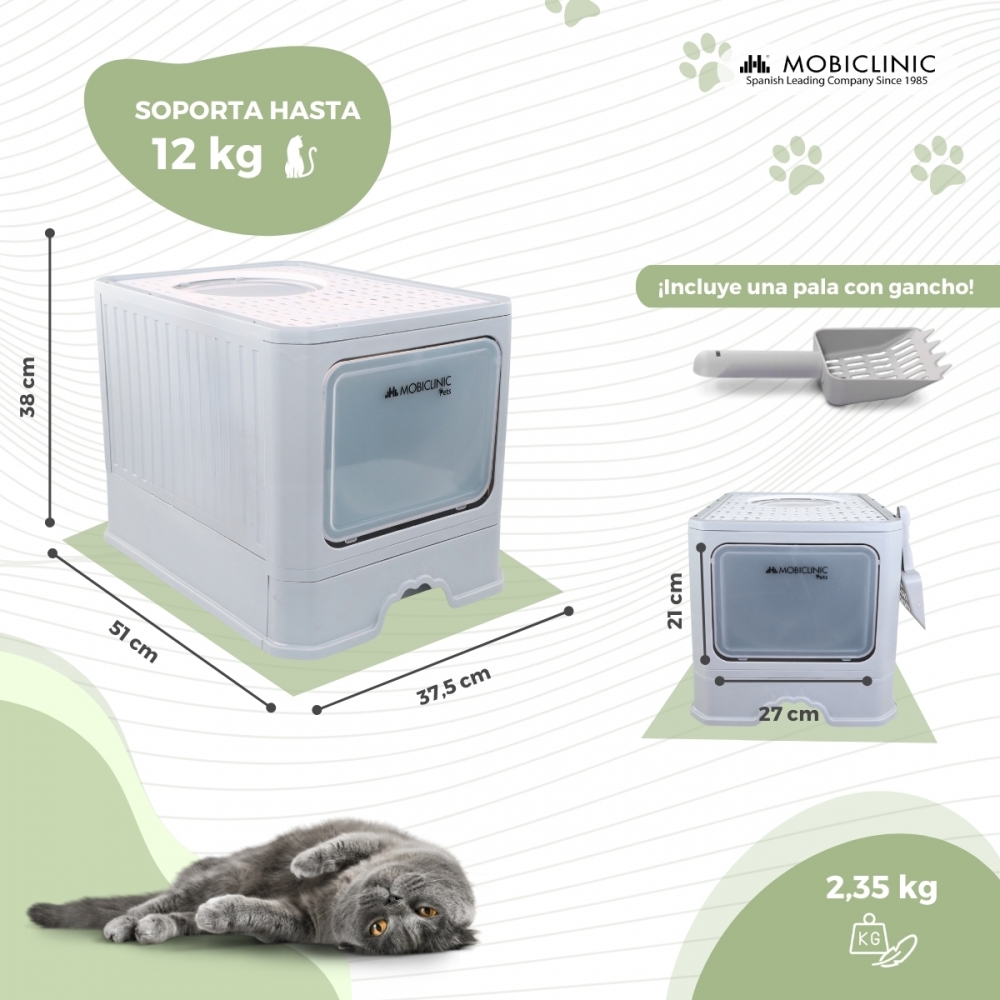 Caixa de areia fechada para gatos com escova | Grande capacidade | Bandeja extensível | Estável | Abrigo | Confortável | CatBox | Mobiclinic