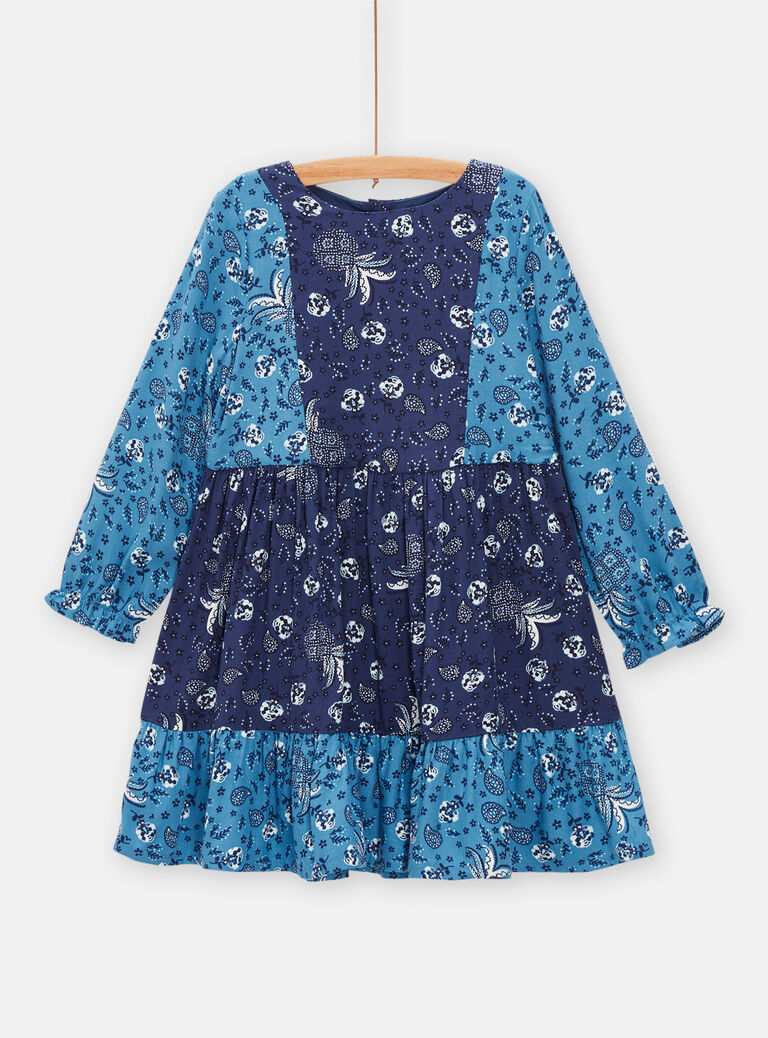 Robe bleue imprimée façon patchwork pour fille