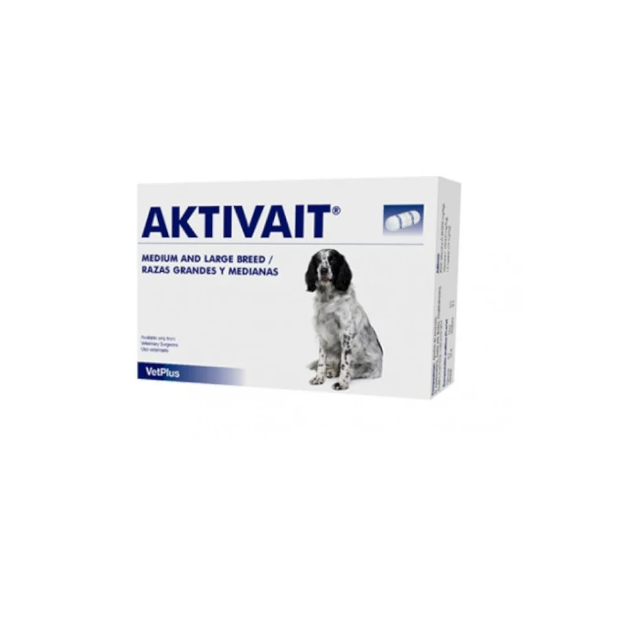 Vitaminas VetPlus Aktivait Senior que combatem o envelhecimento cerebral em cães de porte médio e grande.
