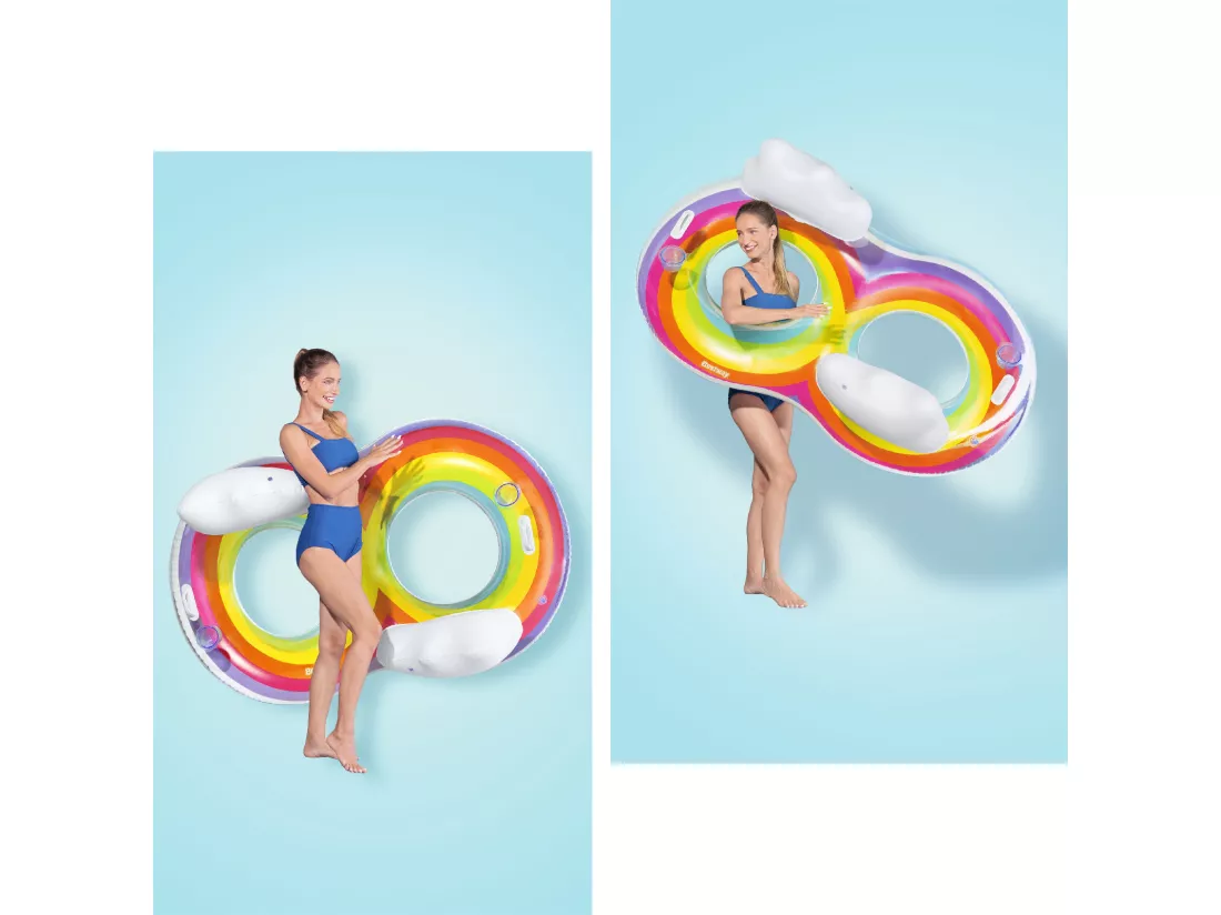 Bouée Gonflable Double pour Plage ou Piscine Bestway Rainbow Dreams Swin Tube 172x102 cm avec 2 Porte-Verres Multicolore
