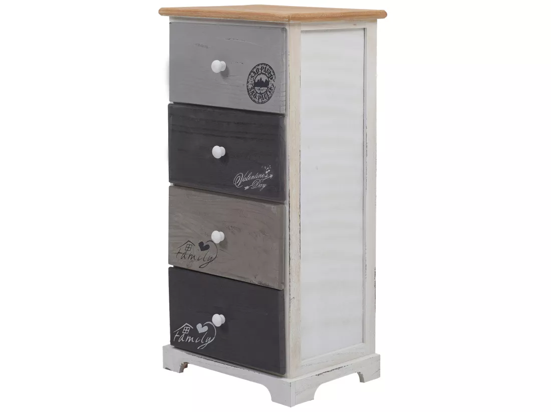 Chiffonnier Commode 4 Tiroirs Bois Blanc Gris Shabby 72x35x27