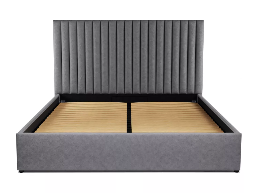 Lit coffre 160 x 200 cm avec tête de lit coutures verticales - Tissu - Gris - SARAH