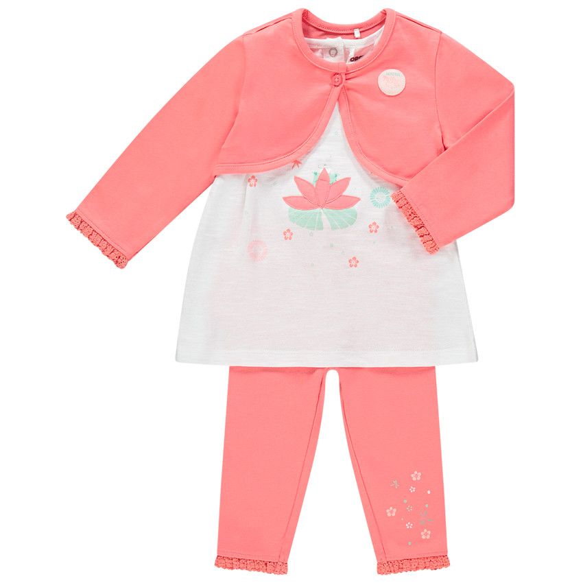 Ensemble avec tunique, boléro uni et legging imprimés fleurs - Corail