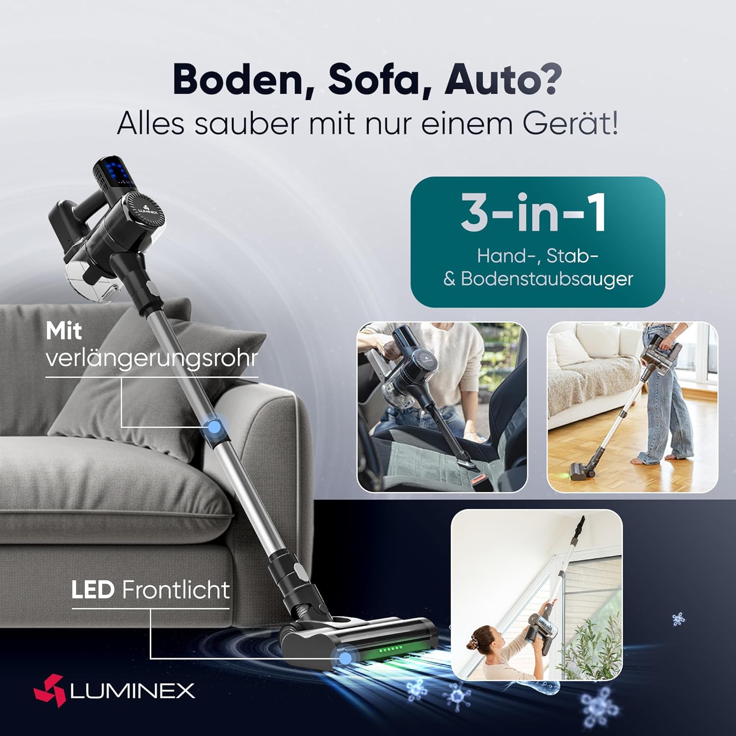 Akkustaubsauger [3-in-1] – kabelloser Staubsauger mit LED-Display & Echtzeit-Akkuanzeige | Anti-Tangle Bürste für Tierhaare | Akkusauger-Komplettset beutellos für Auto, Teppich & Haushalt