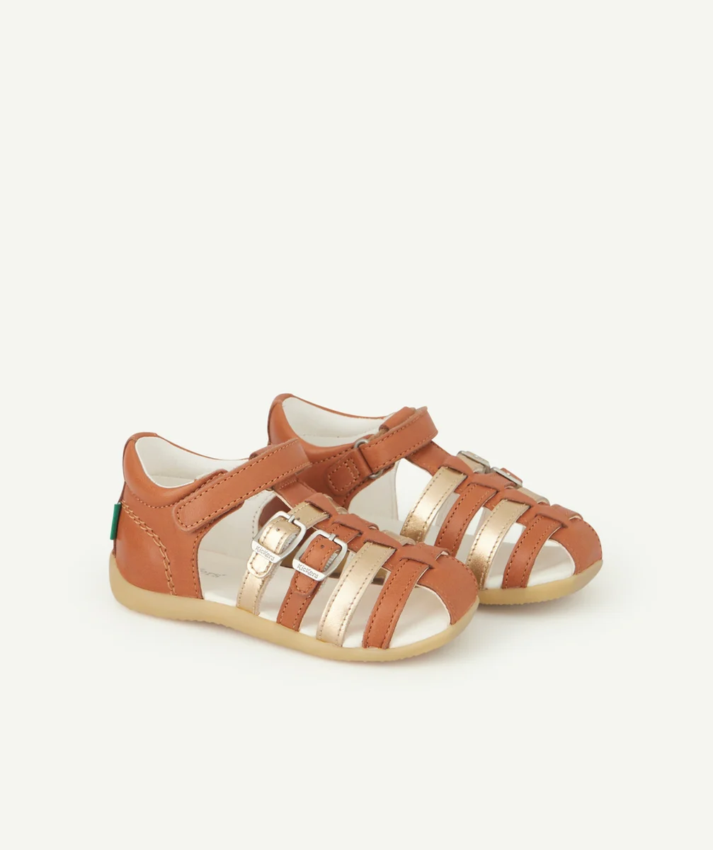 KICKERSSANDALES BÉBÉ FILLE BIGKRO CAMEL ET OR EN CUIR