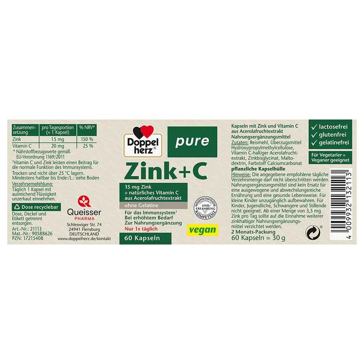 Doppelherz Zink + C pure Kapseln, 60 St
