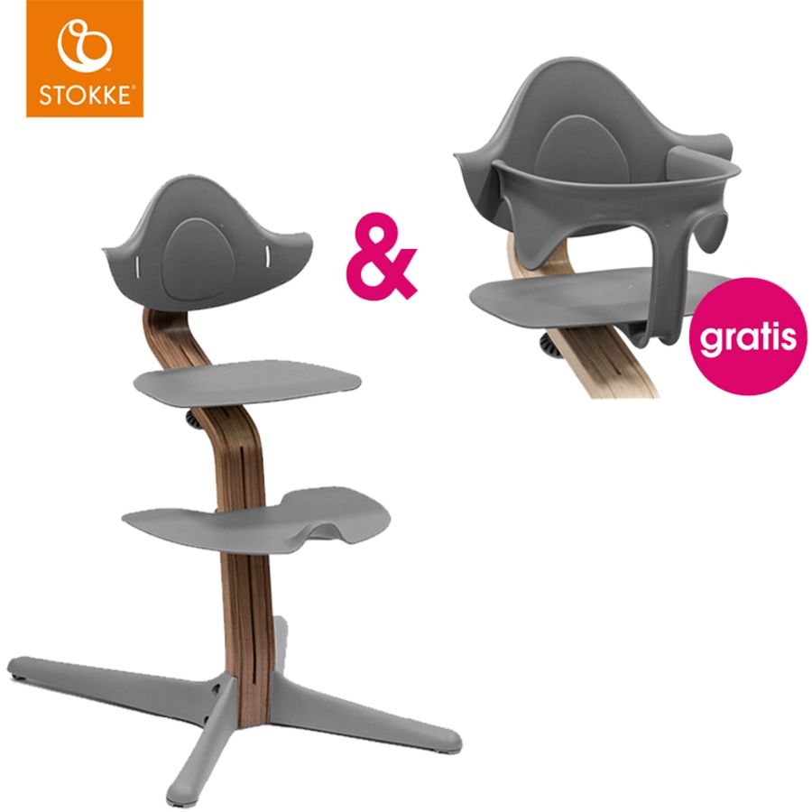 STOKKE® Nomi® Hochstuhl Walnuss  grau + gratis Baby Set grau