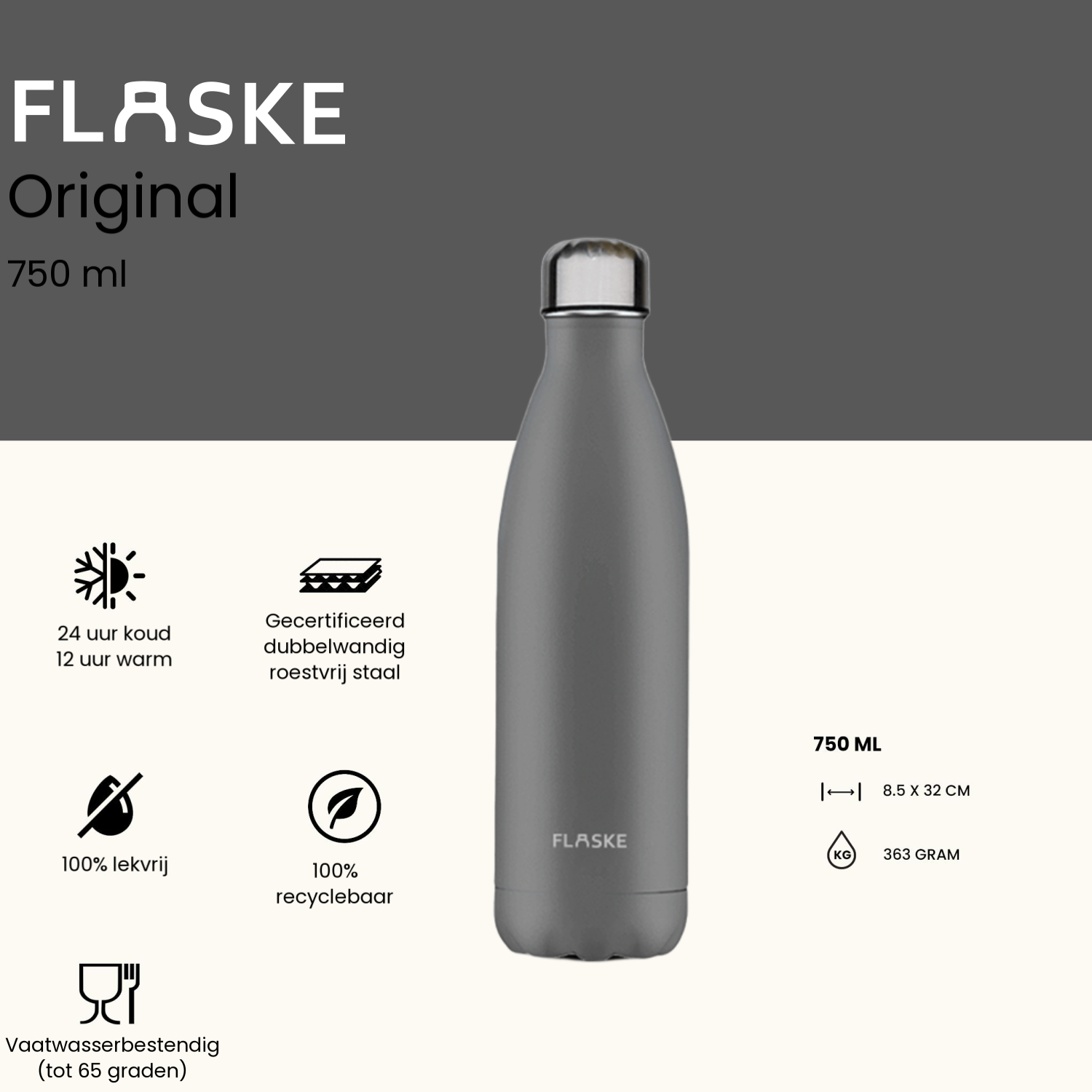 FLASKE 750 ml  RVS drinkfles - Stone