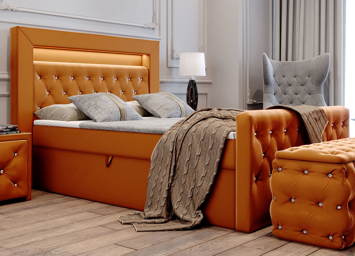Boxspringbett mit LED-Beleuchtung und Topper