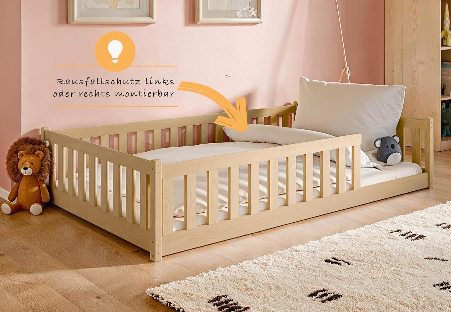 Kids Collective Kinderbett Bodenbett 120x200 cm Bett mit Matratze, Rausfallschutz & Lattenrost Montessori Bett Bed Gitterbett Kinder Jugendbett Einzelbett | Natur Kiefer Holz massiv Junge Mädchen