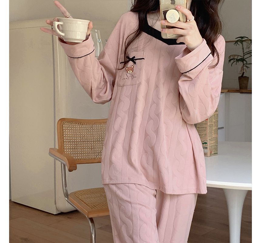 Siensien - Pyjamaset: Top met lange mouwen en berenprint + broek met contrasterende rand