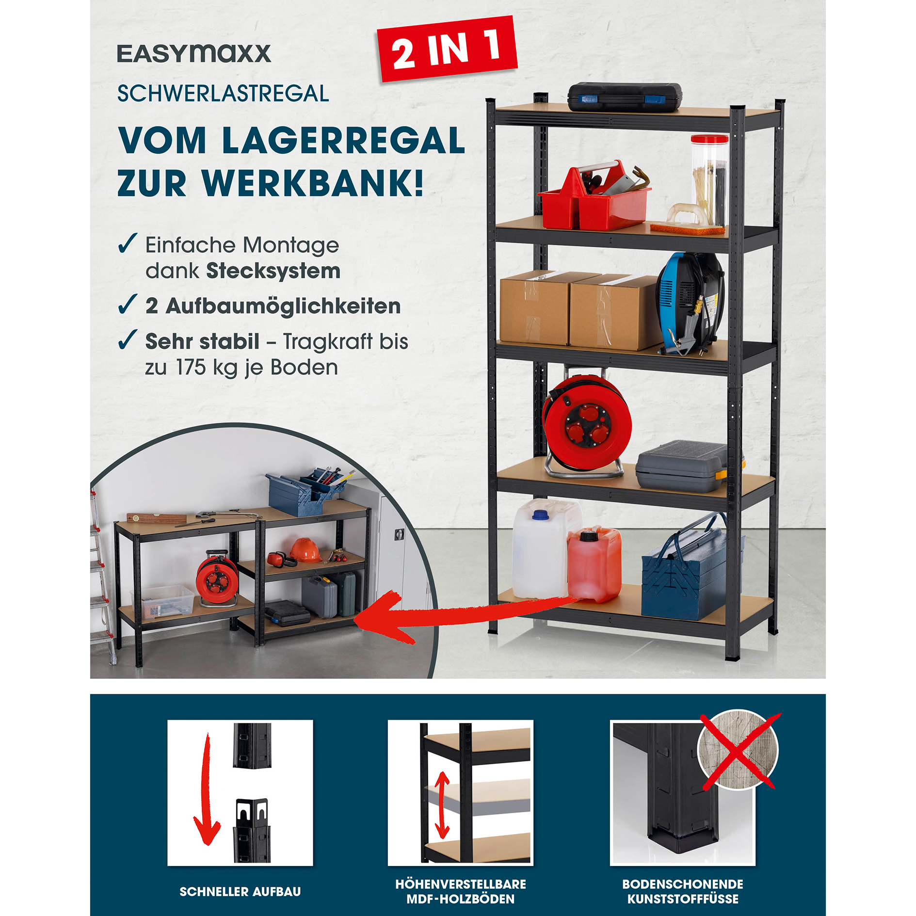 EASYMAXX Schwerlastregal - 2 Aufbaumöglichkeiten