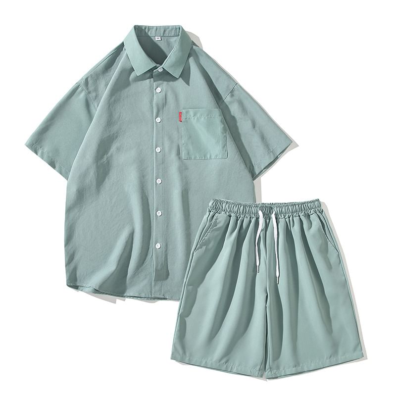 Blueforce - Set: Kortmouw overhemd met kraag en effen kleur + Shorts met trekkoord in de taille