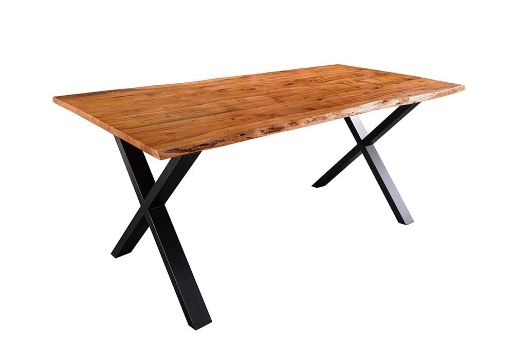 Massivholz Esstisch MAMMUT 160cm Akazie Baumkante X-Gestell Industrial Design 2,6 cm Platte
