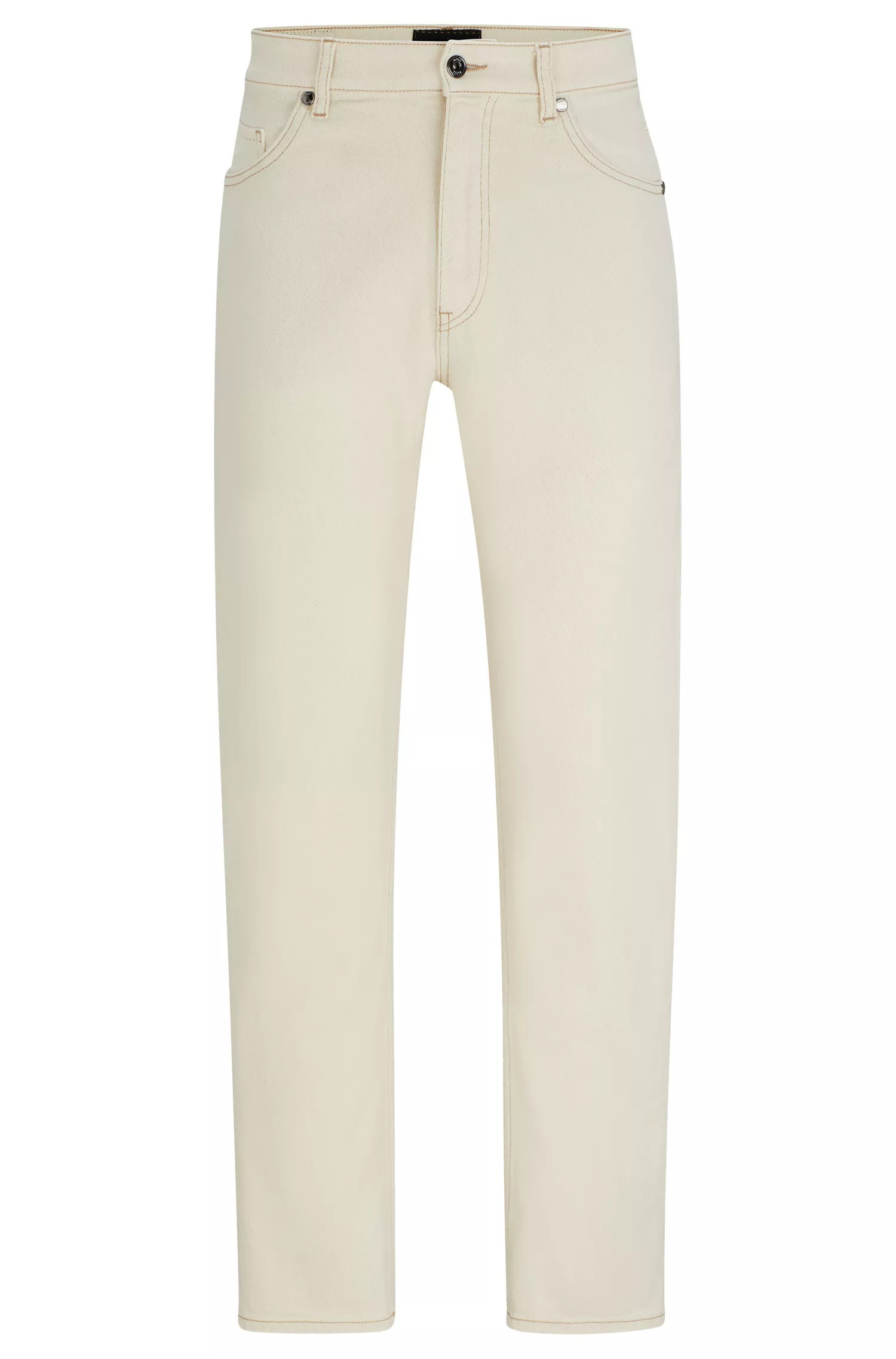 Calça jeans BOSS Camel, corte regular, em denim bege de luxo e conforto.