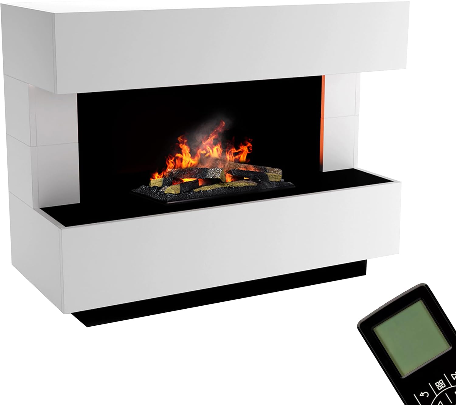 GLOW FIRE Wasserdampf Kamin Kant (Standkamin) - Elektrokamin mit realistischen LED 3D-Flammen, Knistereffekt & Fernbedienung, 120x93x50 cm - Opti-Myst 600 Elektro Kamin mit Holz-Deko, Weiß