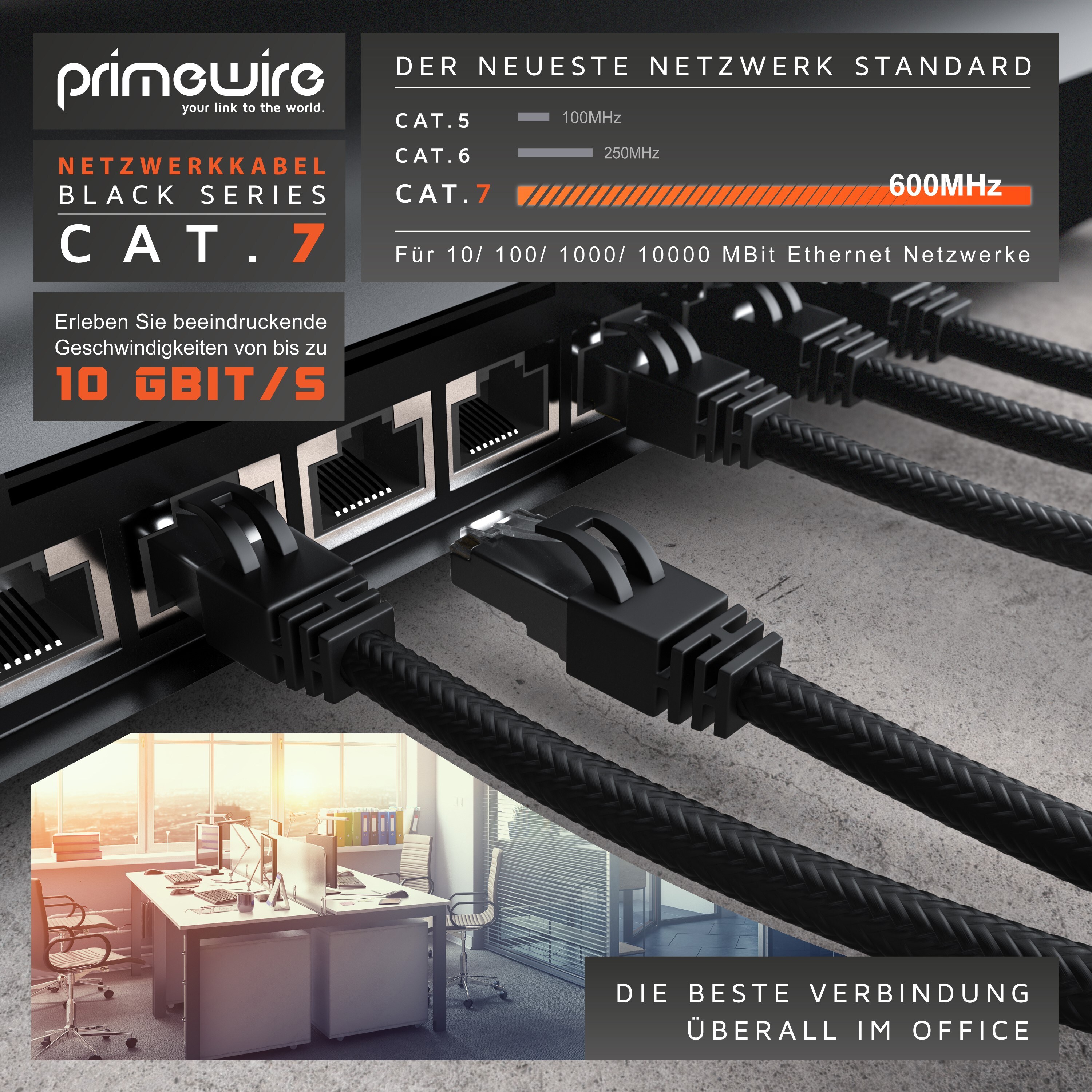 Primewire Patchkabel CAT 7 mit Baumwollummantelung - Gigabit Ethernet LAN Kabel - Black Series - 10 Gbit/s - S/FTP PIMF Schirmung - Netzwerkkabel - 30m
