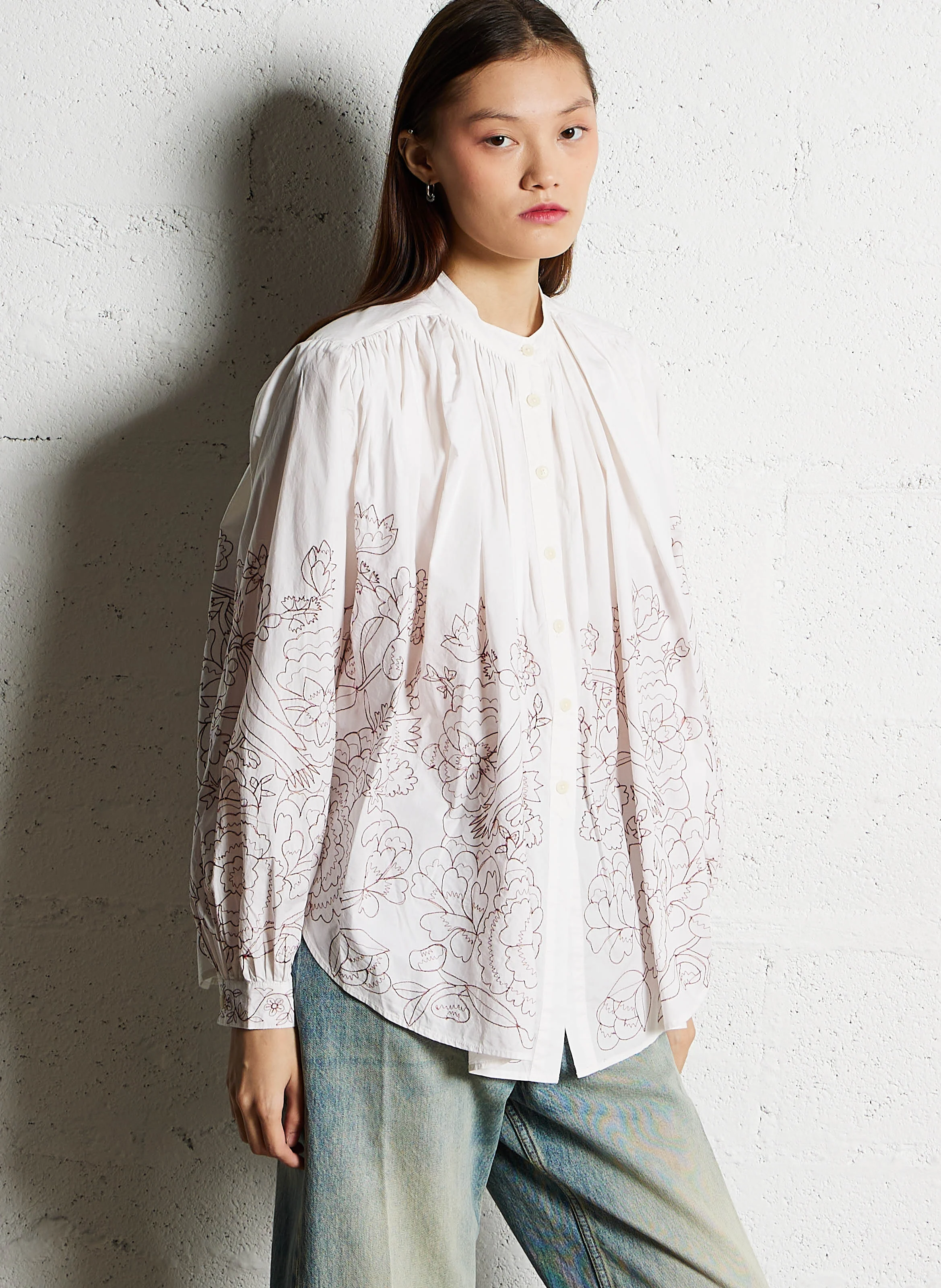 POPPY - Chemisier col rond ample en coton brodé | Blanc