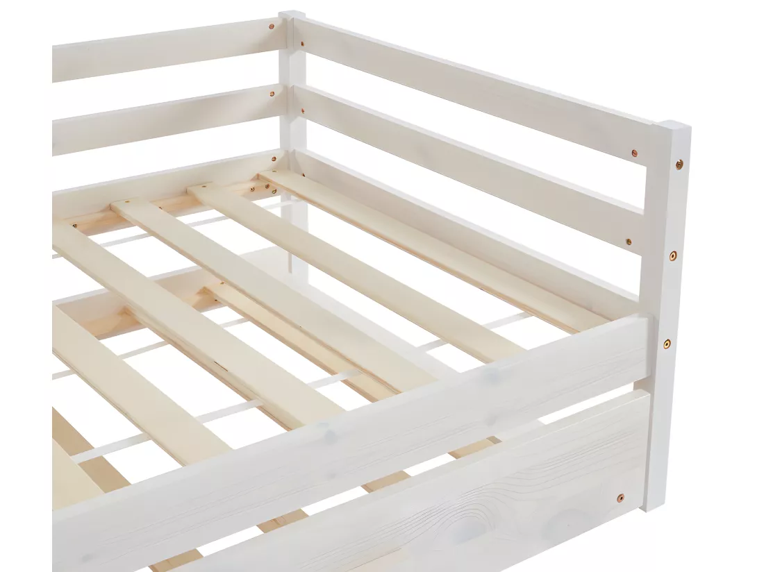 Lit gigogne AEDAN II - 2 x 90 x 190 cm - Pin massif et MDF - Blanchi + matelas
