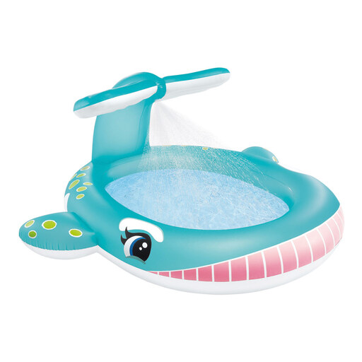 Piscina inflável Intex em formato de baleia com aspersor.