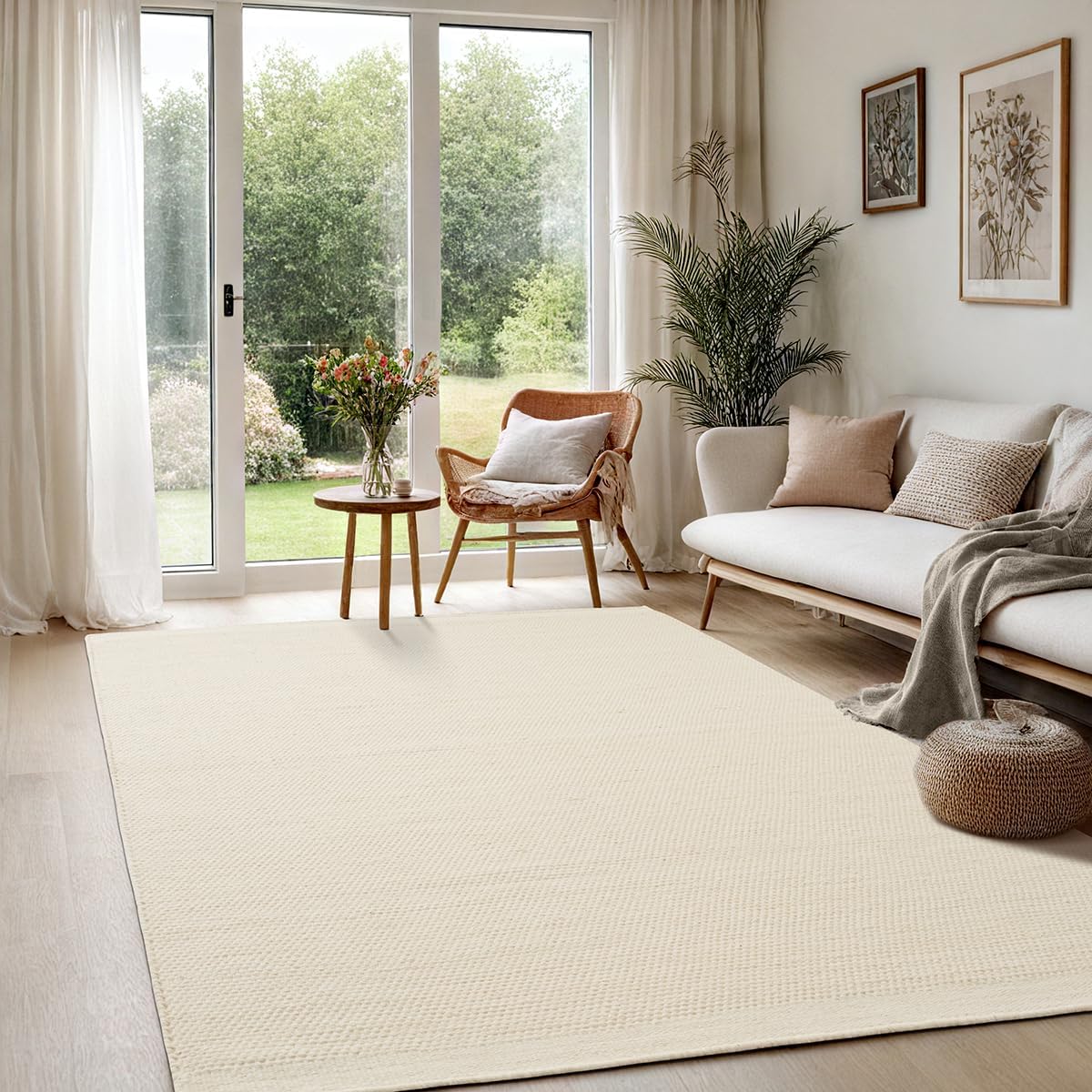 the carpet Deluxe Wool Handgewebter Wollteppich im natürlichen skandinavischen Boho-Look, Handarbeit für einen einzigartigen Stil, Creme, 240 x 340 cm