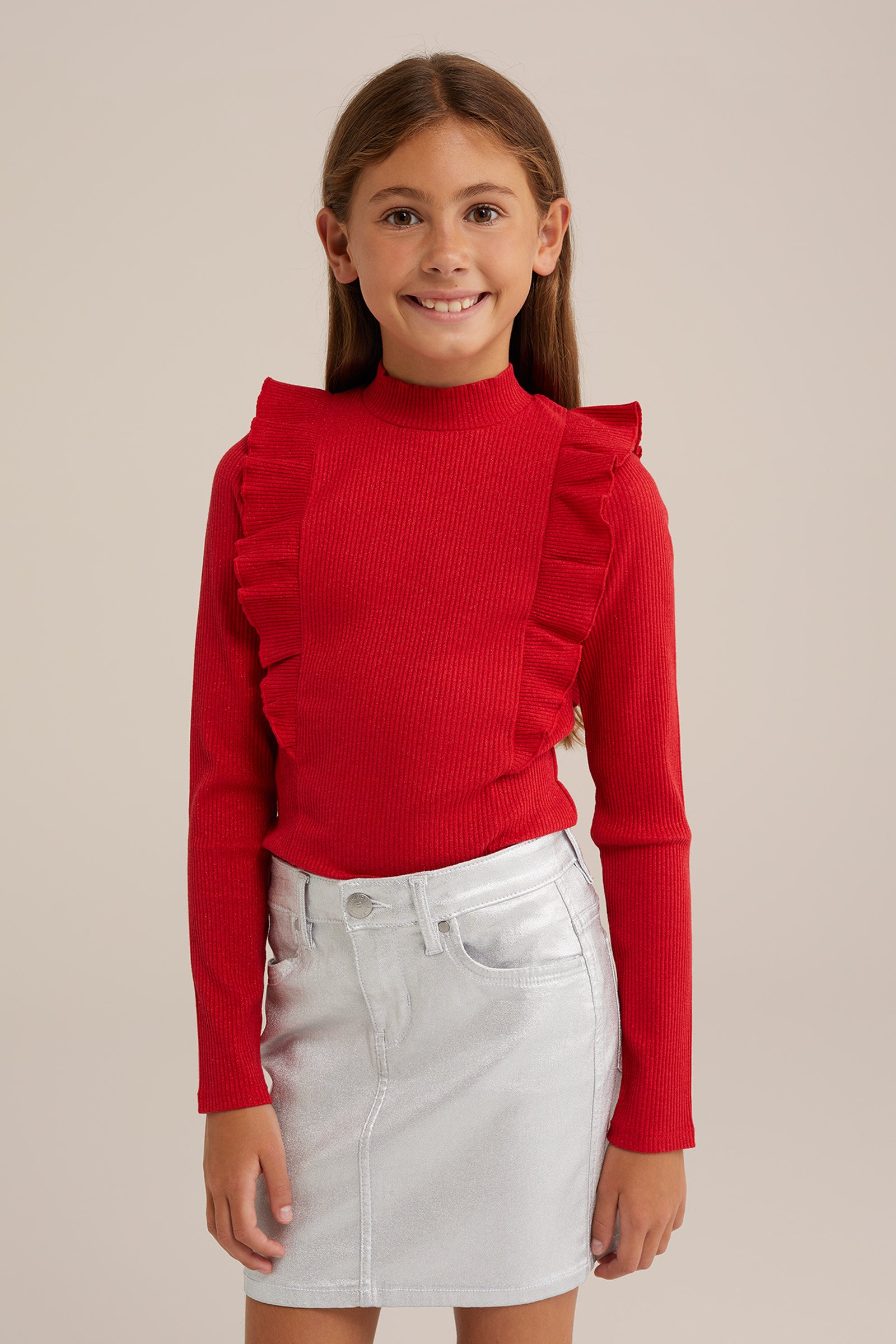 Meisjes geribd T-shirt met glittergaren WE Fashion Rood