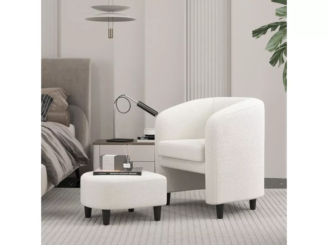 Fauteuil de Salon en Tissu Bouclette avec Repose-Pieds, Fauteuil Rembourré en Forme de Tonneau avec Cadre en Bois Massif, Fauteuil d'Appoint en Velours Teddy, Charge 150 KG(Style 2,Beige)