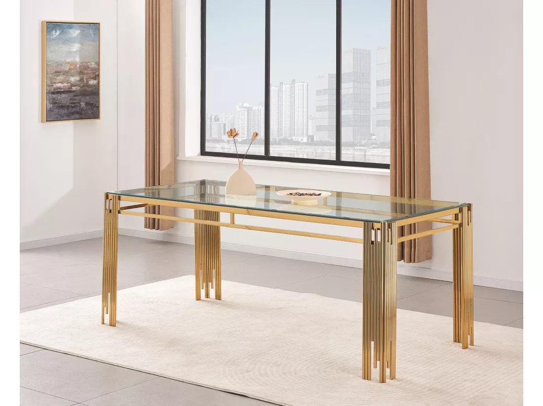 Table 6 à 8 couverts flute gold plateau en verre 180 cm