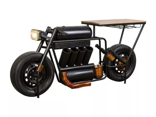 Barre porte-bouteilles moto en bois et métal noir 183x42x86h