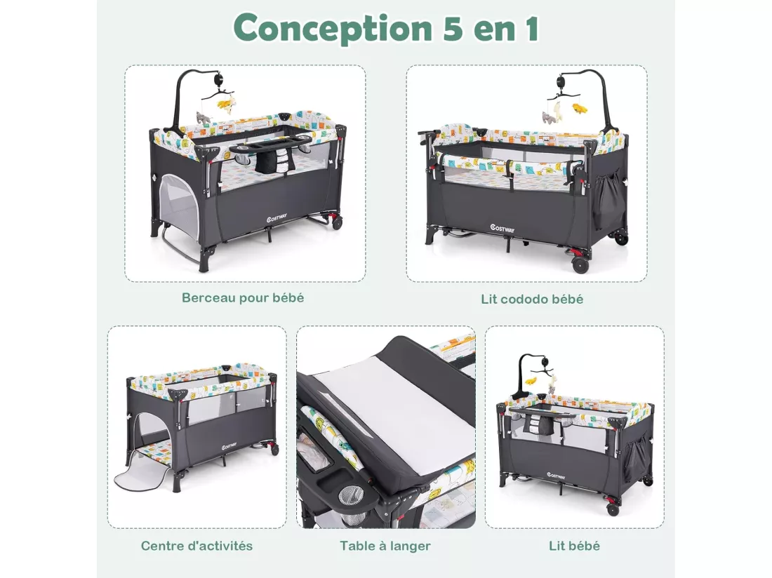 Lit Parapluie Bébé Pliant 5 en 1 avec Matelas,Berceau Parc Bébé avec Table à Langer,Boîte à Musique,Jouets Suspendus,4 Hauteurs d'Accoudoir Réglables,Sac de Transport,Noir