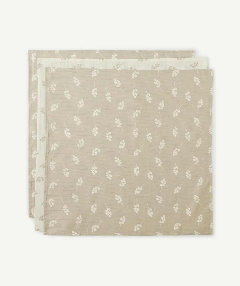 JOLLEINLOT DE 3 LANGES 70x70 CM EN GAZE DE COTON IMPRIMÉ VERT OLIVE