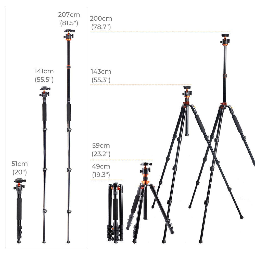 (200cm) Professionelle Foto / Video Tripod Dreibein Stativ Halterung mit 90° Mittelsäule für DSLR Kamera / GoPro / Insta360   1/4