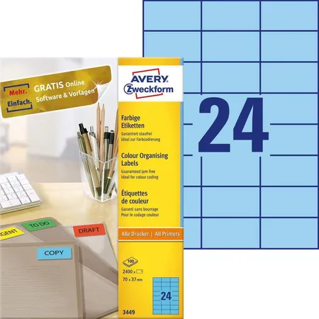 Avery Zweckform 3449 Farbige Etiketten,A4 70 x 37 mm, 100 Bogen/2.400 Etiketten, blau