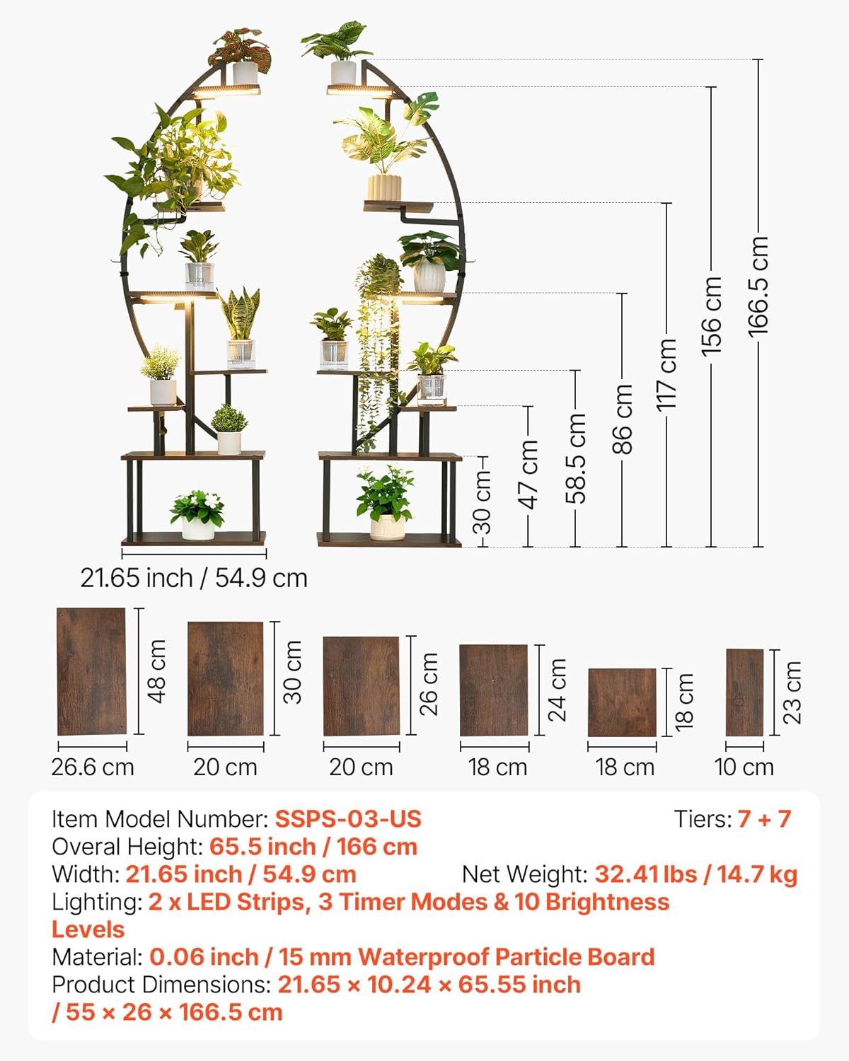 VEVOR Pflanzenständer mit Wachstumslichtern 2er Pack, 7-stufiger Blumenständer, Blumentreppe, Pflanzentreppe, 3 Timer- & 10 Helligkeitsstufen, Blumenregal für das Wohnzimmer, 550x260x1665mm
