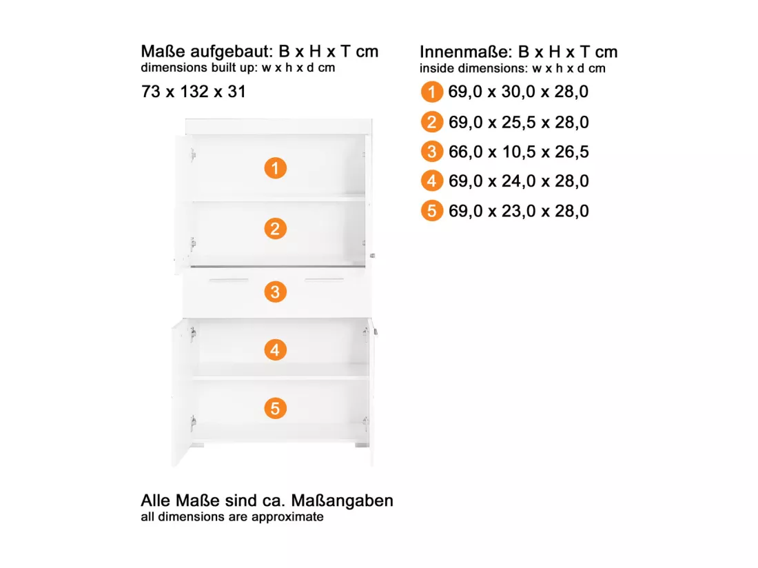 AMANDA - Meuble de salle de bain mélaminé - Meuble Commode. Blanc brillant. L-H-P : 73 - 132 - 31 cm