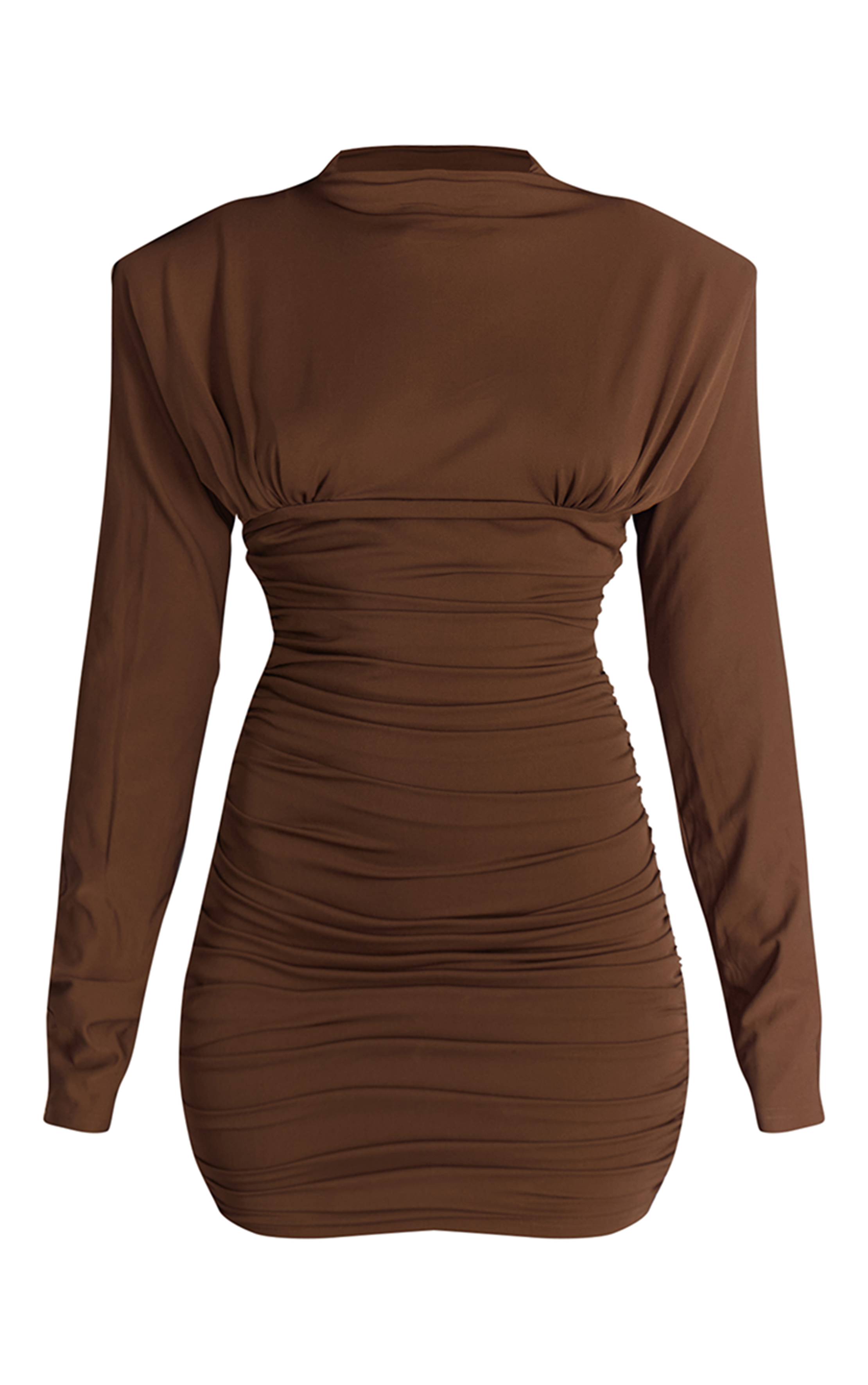 Chocolate Brown Robe Moulante Froncée À Manches Longues