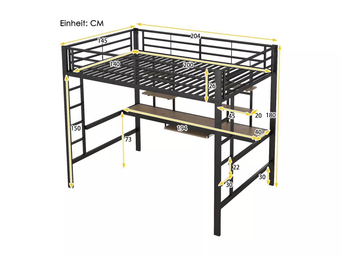 Cadre de lit en métal, loft bed avec bureau et deux bibliothèques pour enfants, adolescents et adultes, 140x200 cm, noir