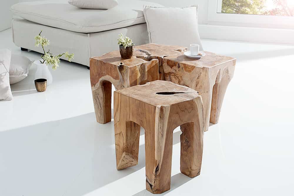 Massivholz Beistelltisch MOLAR 30cm Hocker Teak Block aus einem Stück gefertigt