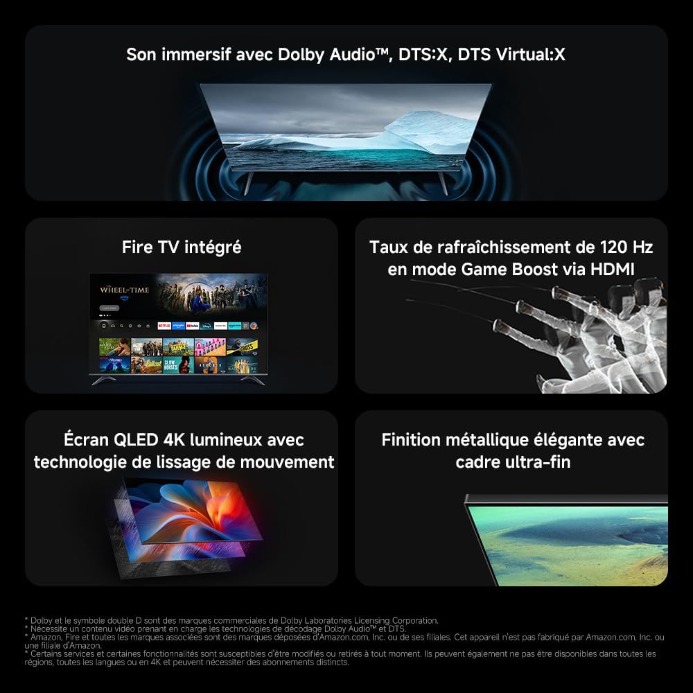 Xiaomi TV F Pro 55, 140 cm (55 Pouces), 4K UHD QLED, Smart TV, Fire TV, Contrôle Vocal Alexa, HDR10+, Mode Game Boost 120Hz, MEMC, 2Go+32Go, Compatible avec AirPlay [Classe énergétique G]