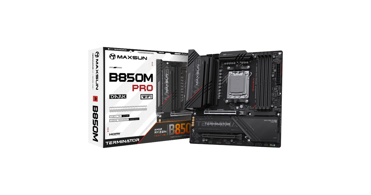 MAXSUNMS-Terminator B850M PRO DARK WIFI socket AM5 moederbord  (Zwart, RAID, 2.5 Gb-LAN, WLAN, BT, Sound, µATX)