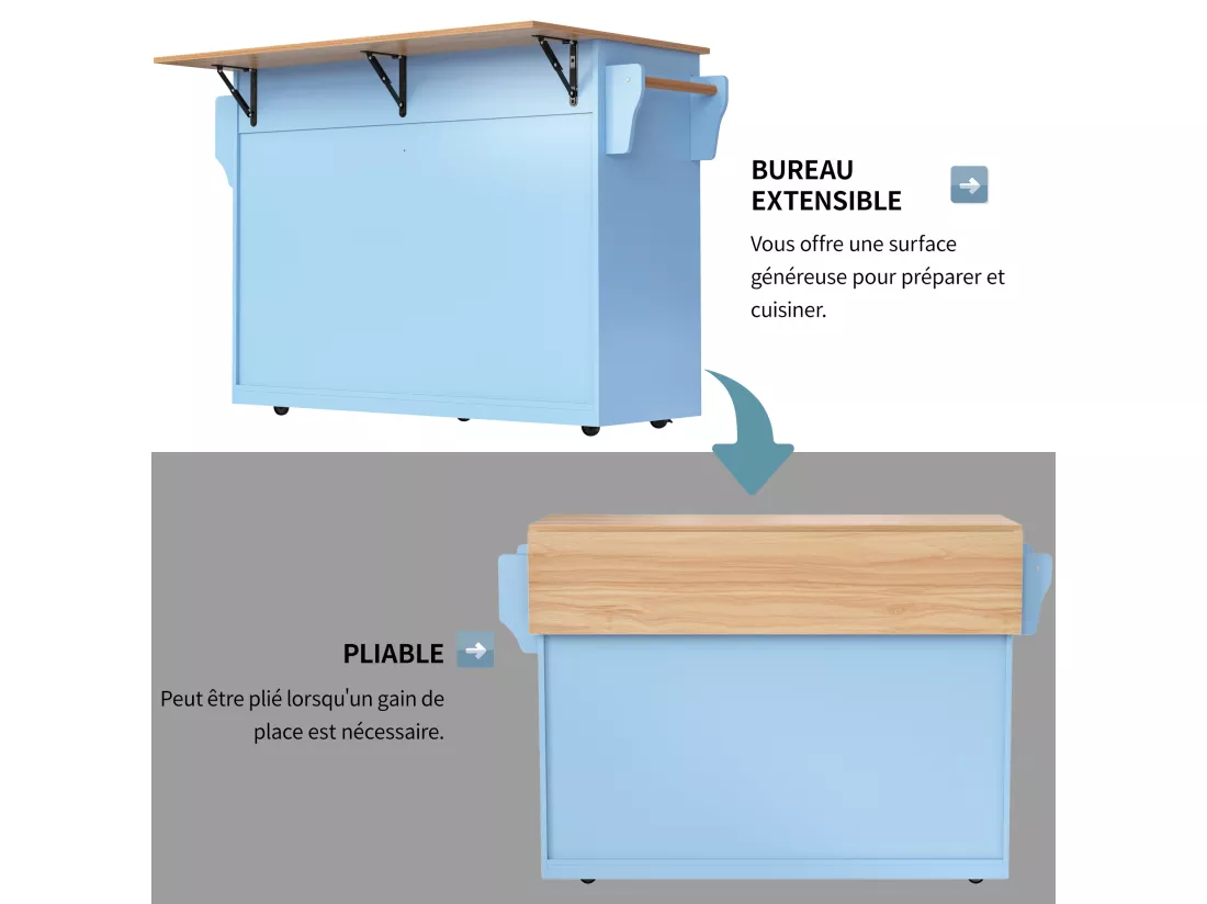 Ilot central de cuisine - 2 tiroirs et 4 compartiments - pieds en roulettes ou en bois - Bleu