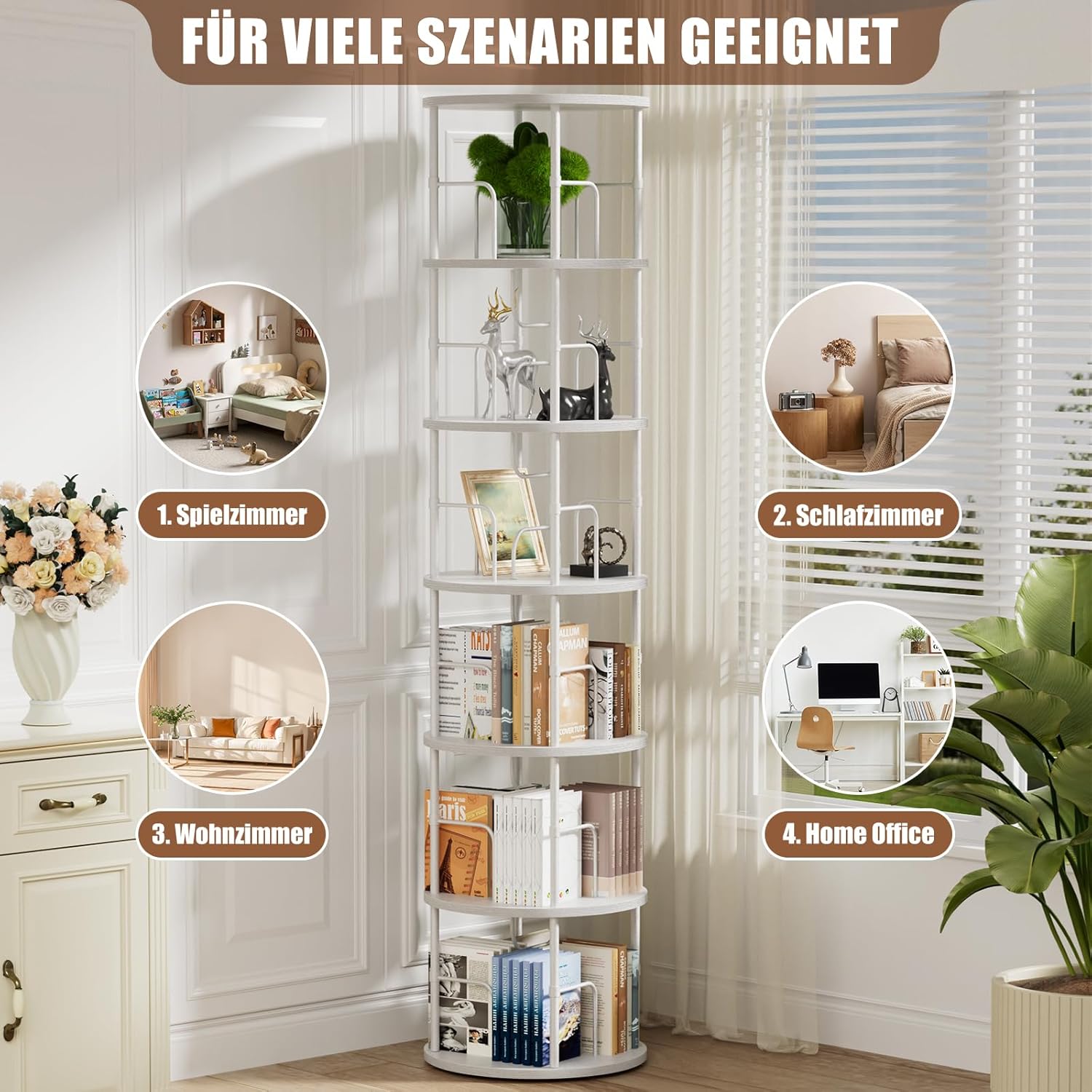 Generisch 360° Drehbares Bücherregal, Bodenstehendes Bücherschrank Aus Holz, Bookshelf Mit 6 Ebenen, Verstellbare Ebenen, Standregal, 45×45×193cm, Weiß OH0228932